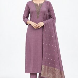 RIVAZ mauve straight kurta set 60964, full front view with simple neckline detail and dotted border drape