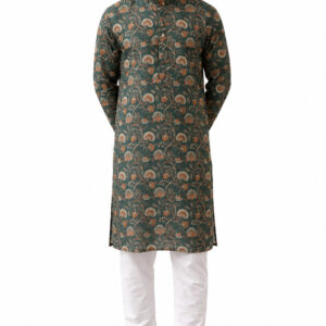 RIVAZ olive green men’s kurta pyjama set, full-length front view, code 61215-1
