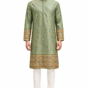 RIVAZ sage green men’s kurta pyjama set, full-length front view, code 61218