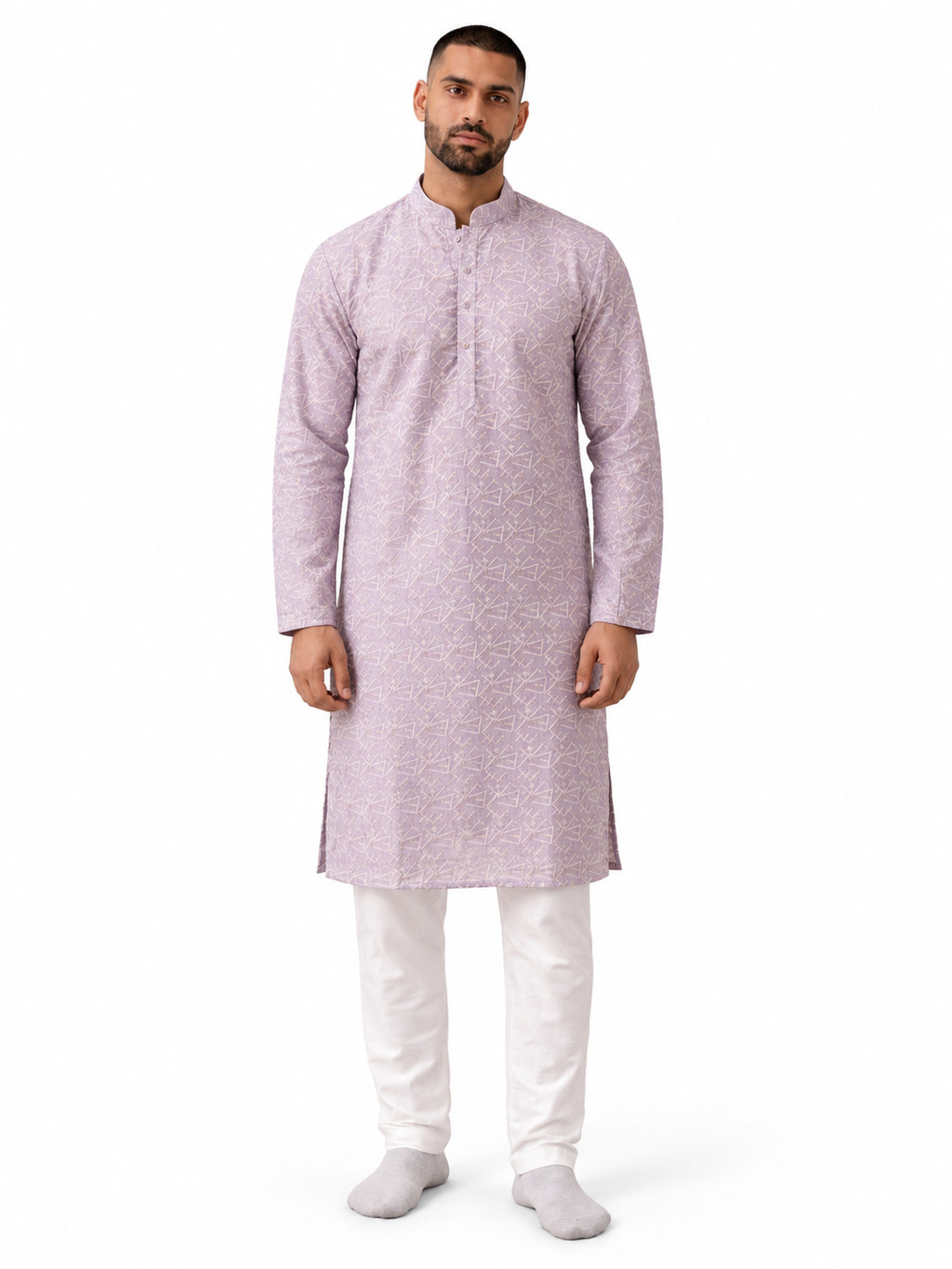 RIVAZ light lavender men’s kurta pyjama set, full-length front view, code 61221