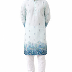 RIVAZ white and blue men’s kurta pyjama set, full-length front view, code 61224