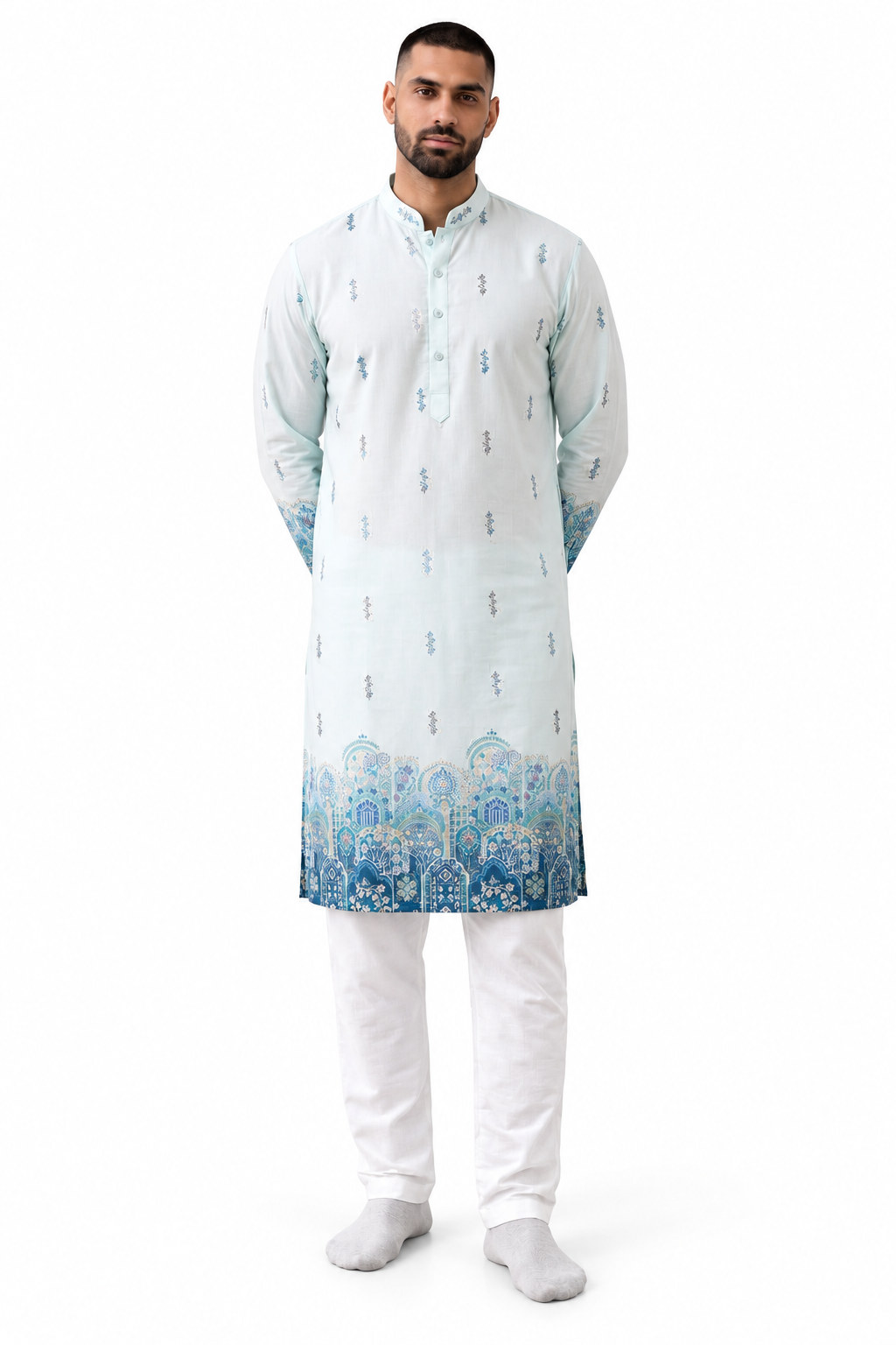 RIVAZ white and blue men’s kurta pyjama set, full-length front view, code 61224