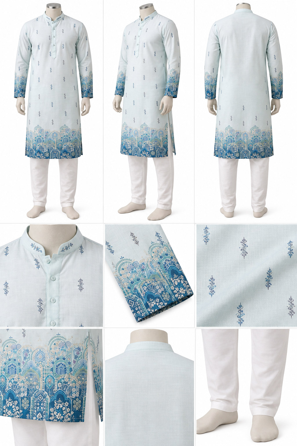 RIVAZ white and blue kurta pyjama, multiple views showing blue gradient print, code 61224
