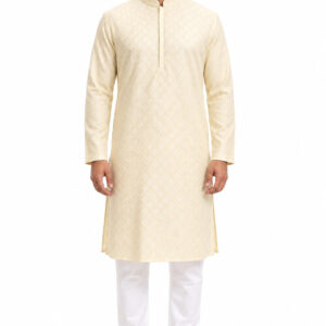 RIVAZ cream men’s kurta pyjama set, full-length front view, code 61227