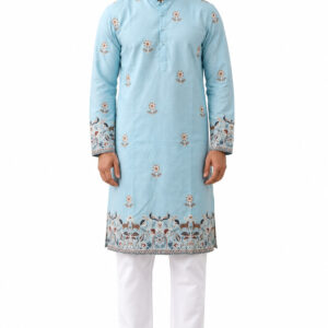 RIVAZ sky blue men’s kurta pyjama set, full-length front view, code 61231