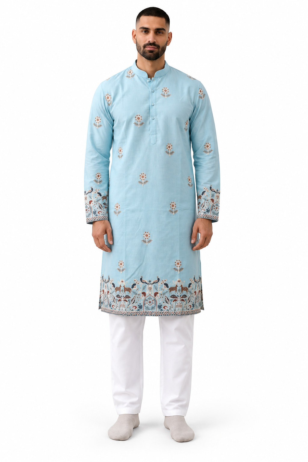 RIVAZ sky blue men’s kurta pyjama set, full-length front view, code 61231