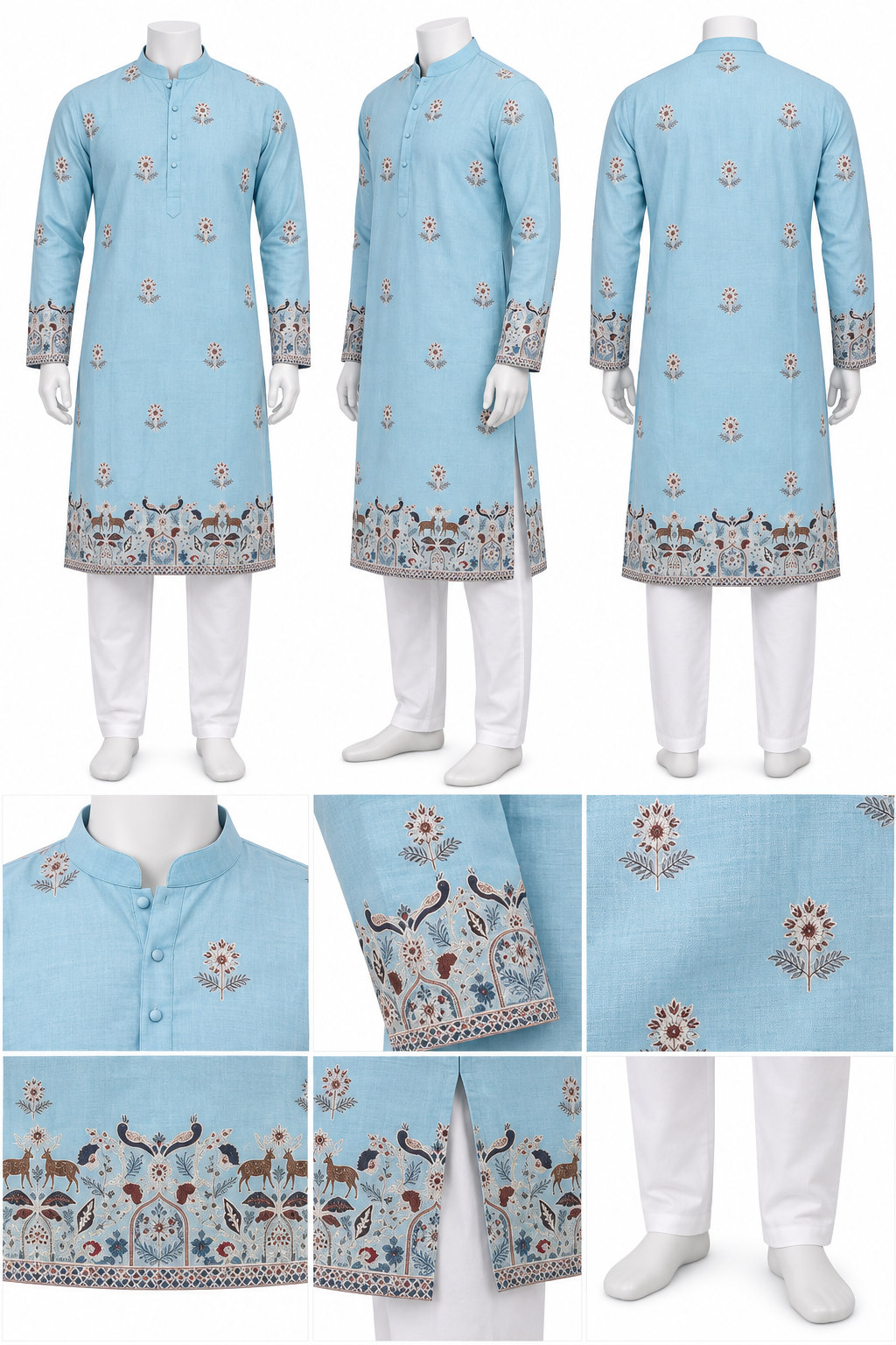 RIVAZ sky blue kurta pyjama, multiple views showing decorative hem detail, code 61231