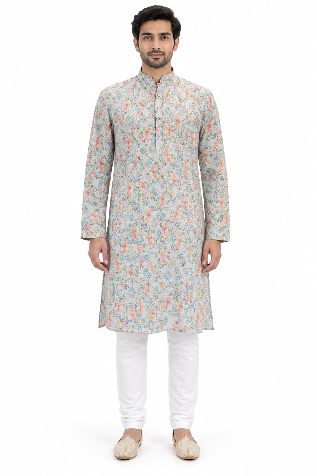 RIVAZ light grey men’s kurta pyjama set, full-length front view, code 61235