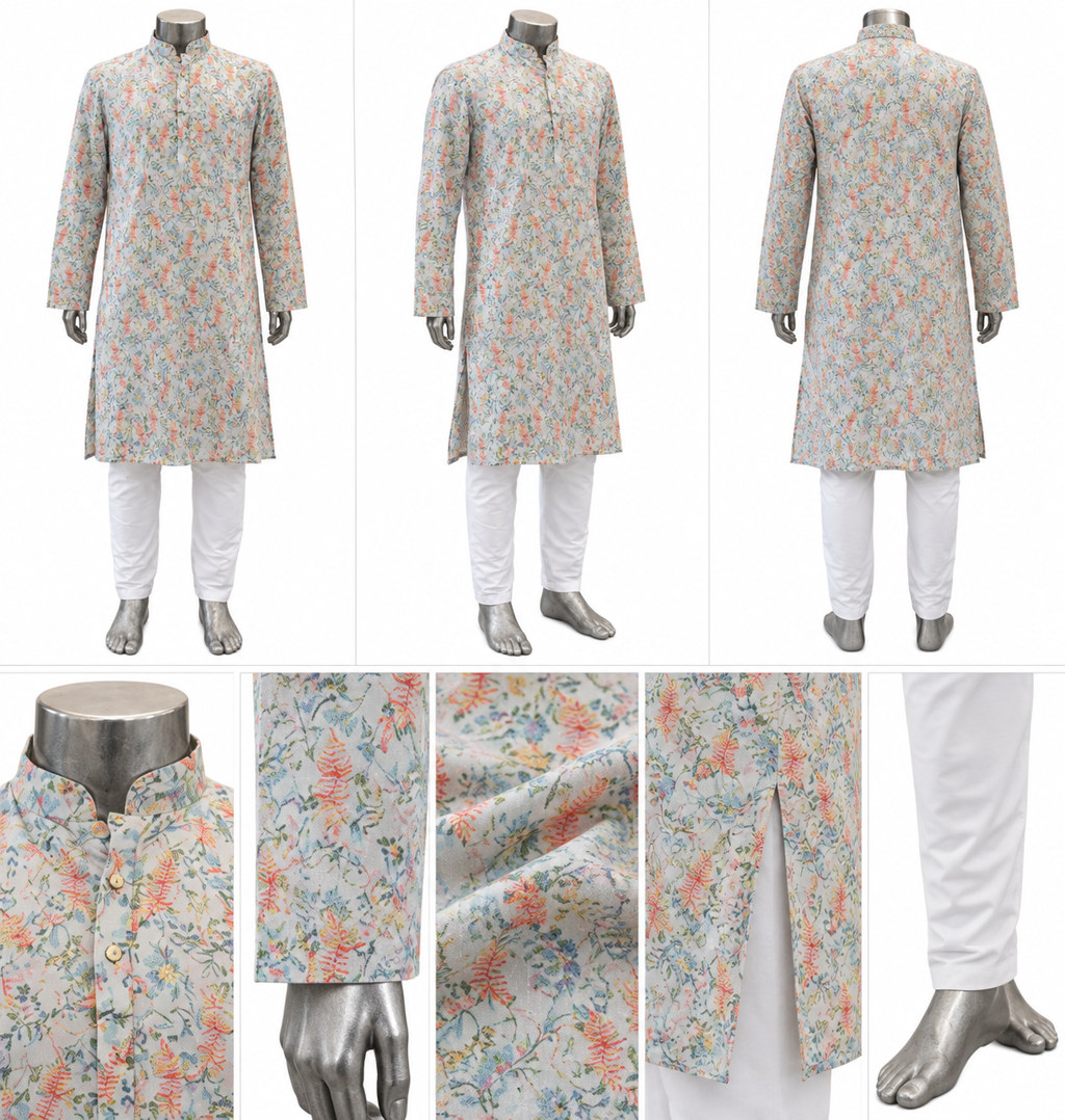 RIVAZ light grey kurta pyjama, multiple views showing floral print, code 61235