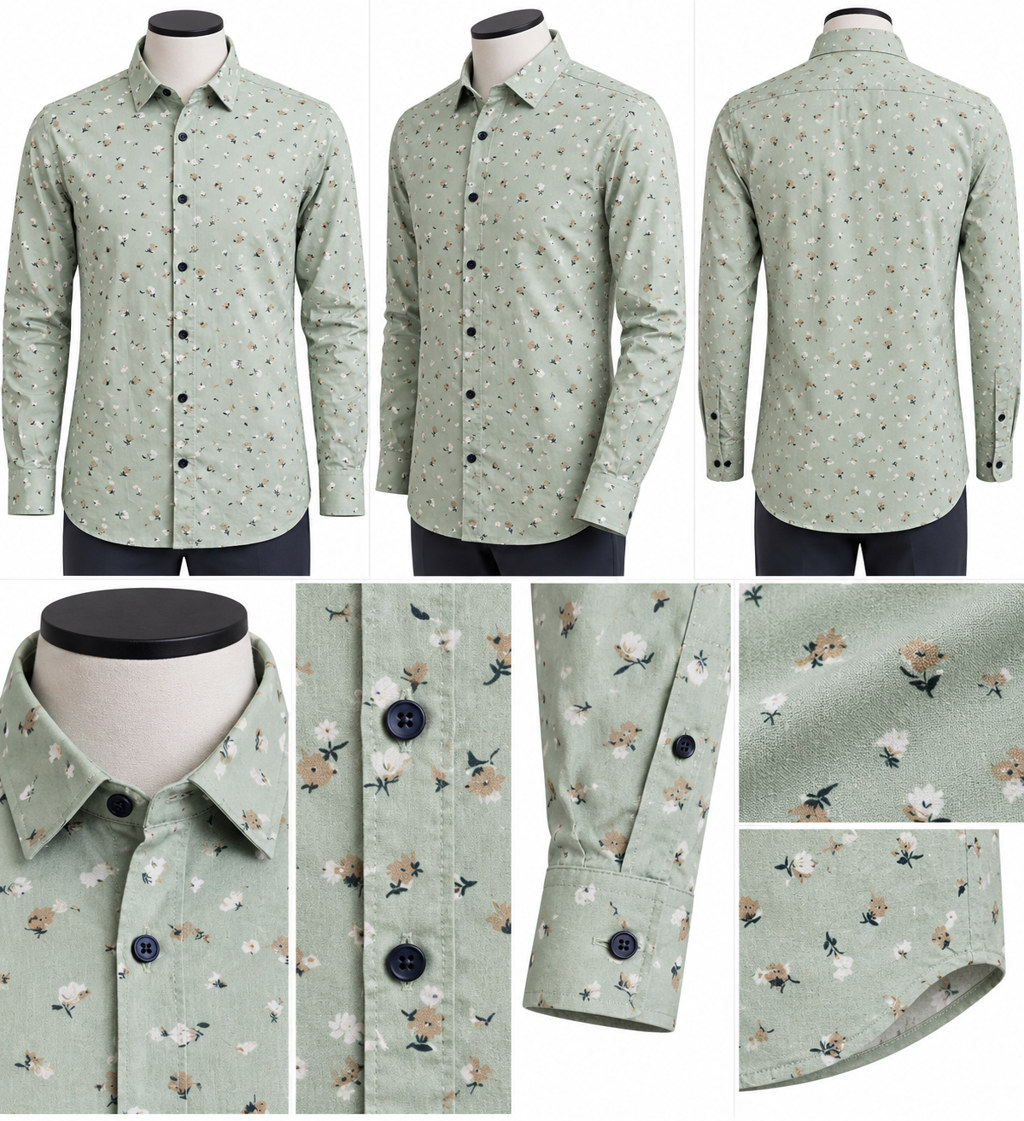 RIVAZ Sage green Small Print Men’s Shirt – 45881 – design and garment details