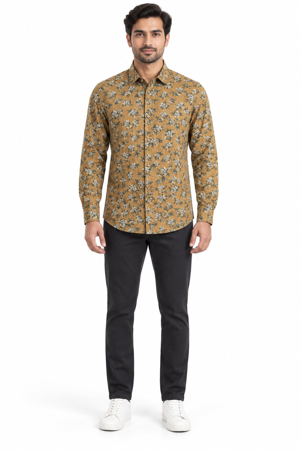 RIVAZ Tan Floral Print Men’s Shirt – 46725 – front view