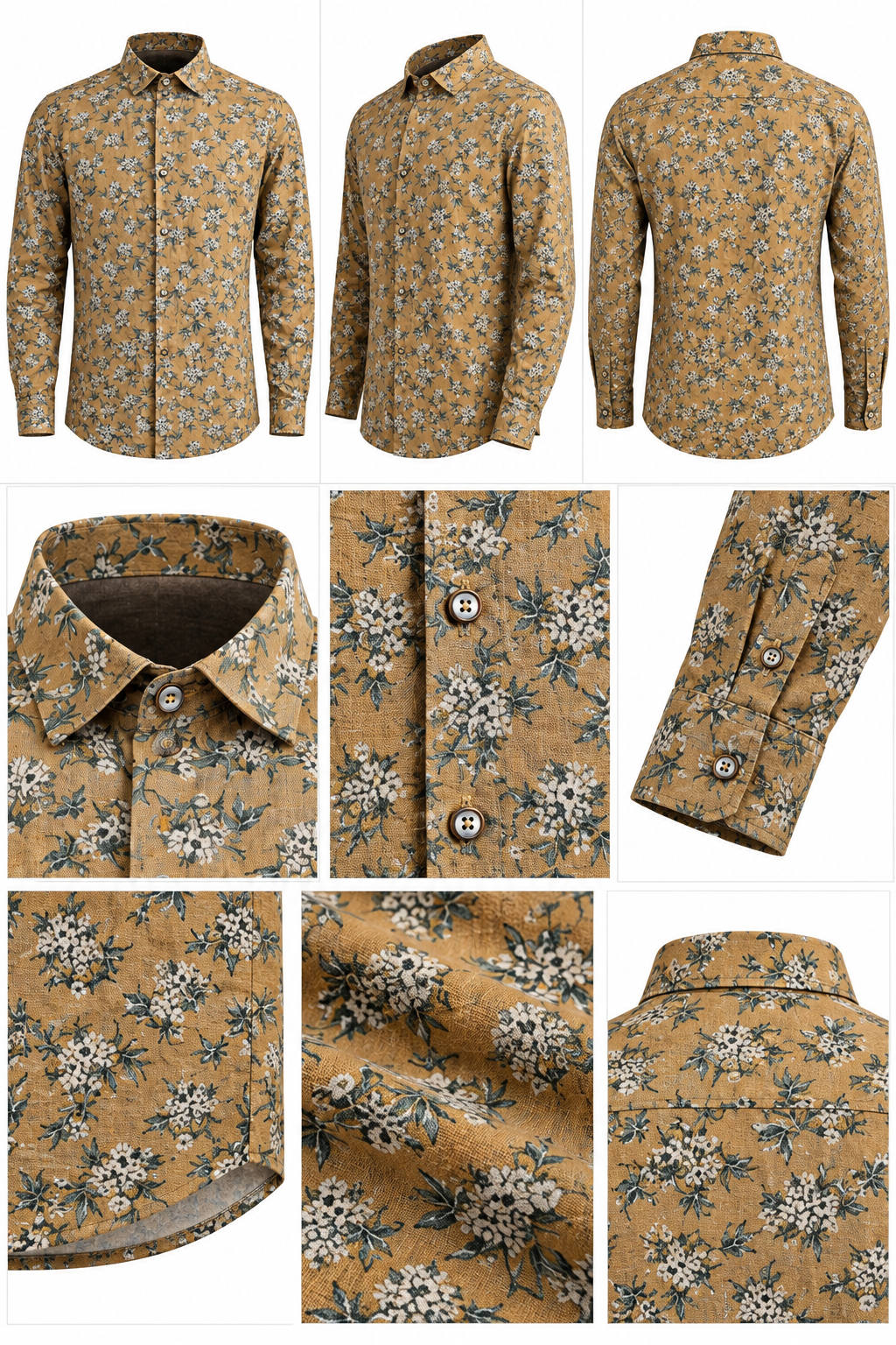 RIVAZ Tan Floral Print Men’s Shirt – 46725 – design and garment details