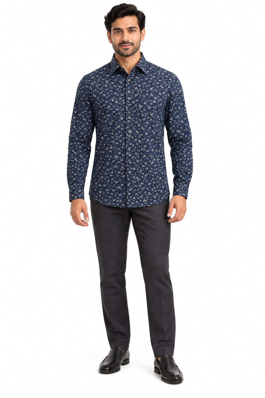 RIVAZ Dark blue Small Print Men’s Shirt – 48225-BLACK – front view