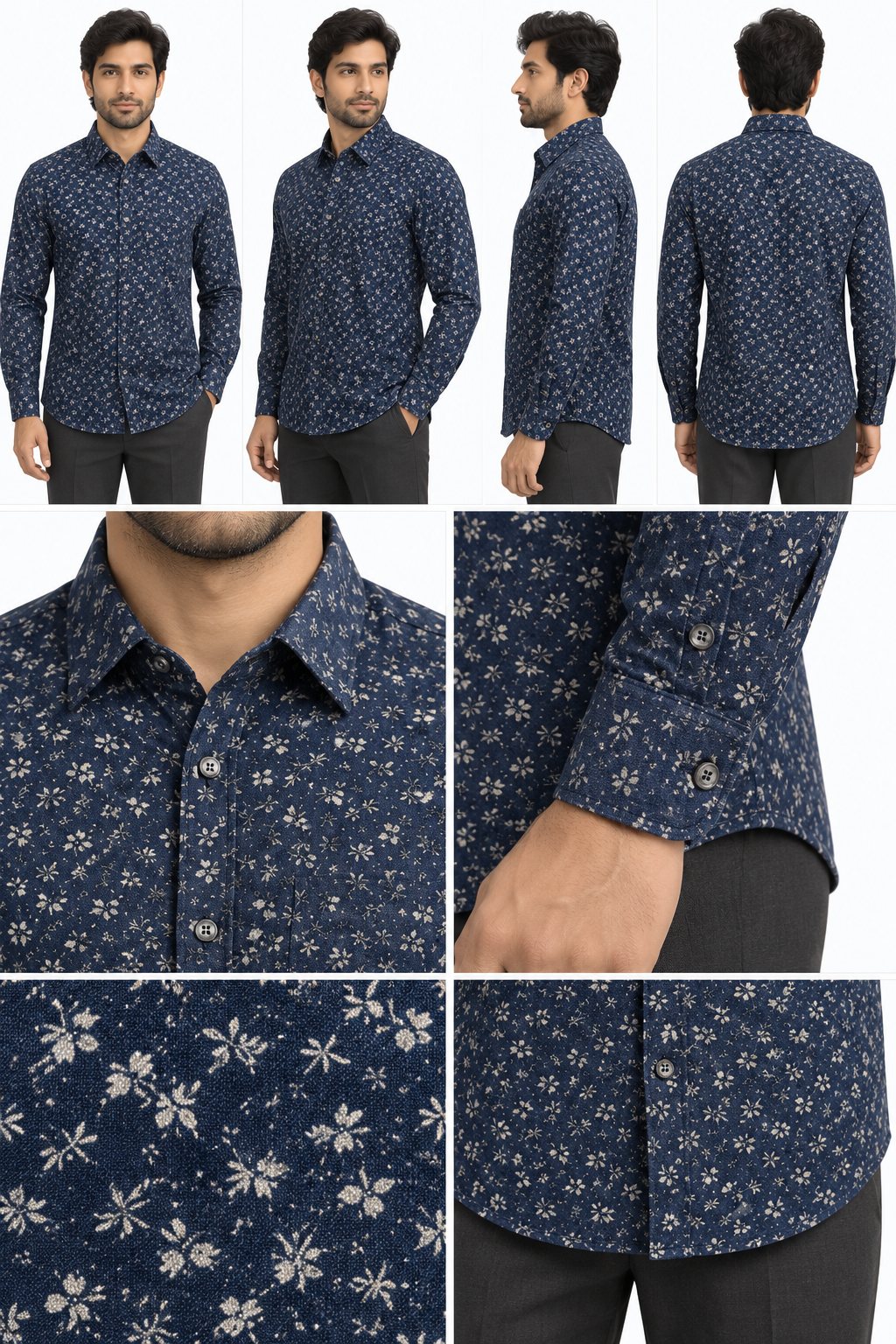 RIVAZ Dark blue Small Print Men’s Shirt – 48225-BLACK – design and garment details