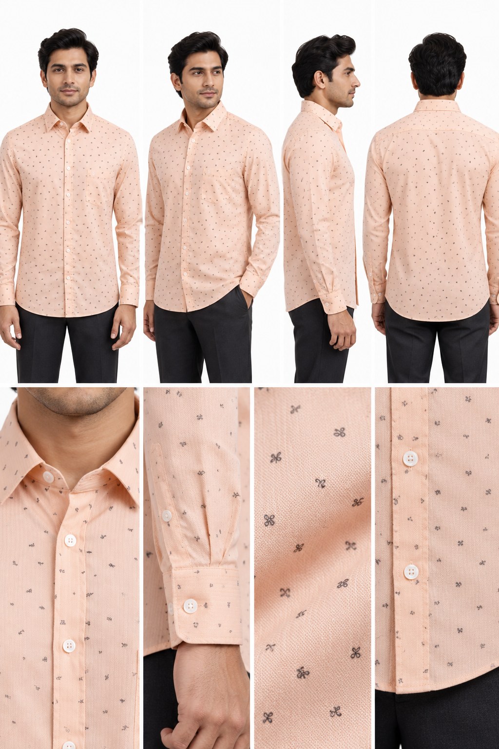 RIVAZ Peach Small Print Men’s Shirt – 49373-CREAM – design and garment details