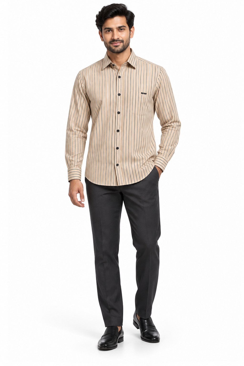 RIVAZ Beige Vertical Stripe Men’s Shirt – 51252 – front view