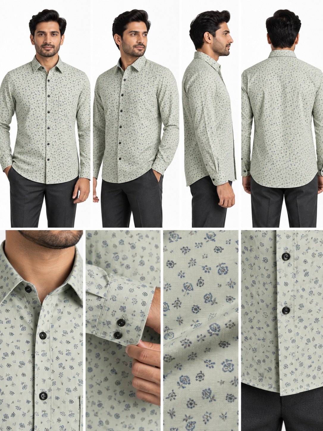 RIVAZ Sage green Small Print Men’s Shirt – 53112 – design and garment details
