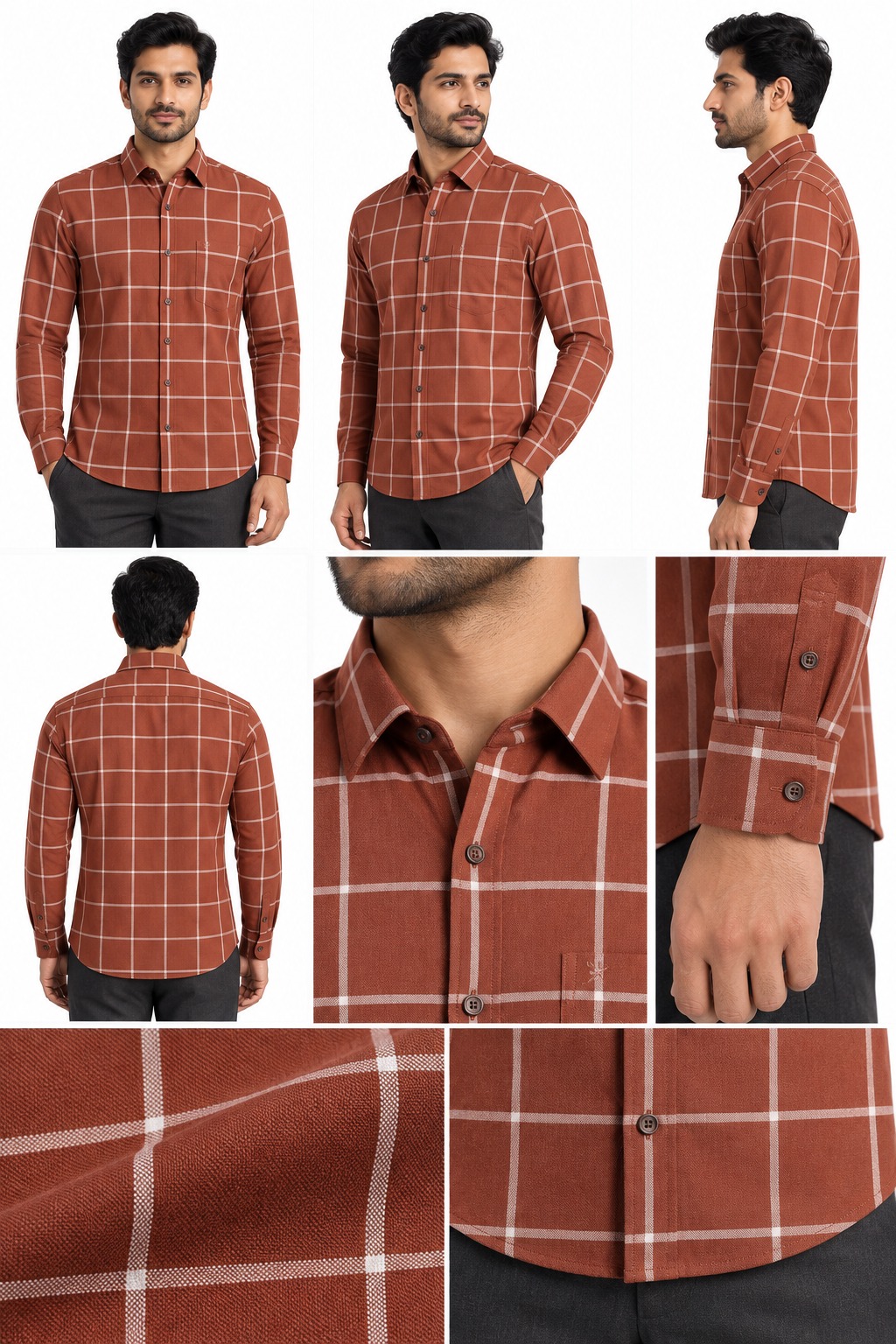 RIVAZ Rust brown Windowpane Check Men’s Shirt – 55355 – design and garment details