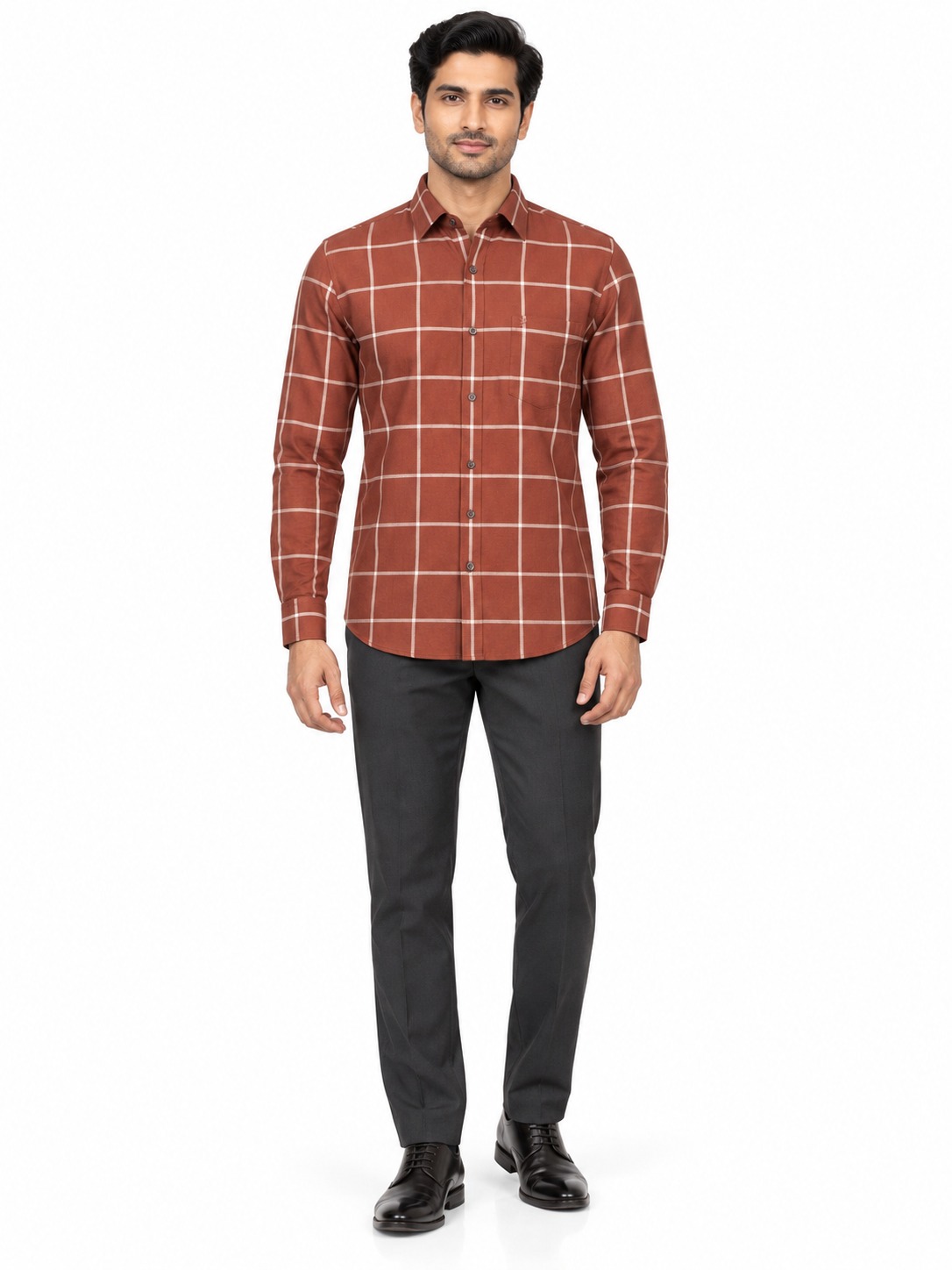 RIVAZ Rust brown Windowpane Check Men’s Shirt – 55355 – front view