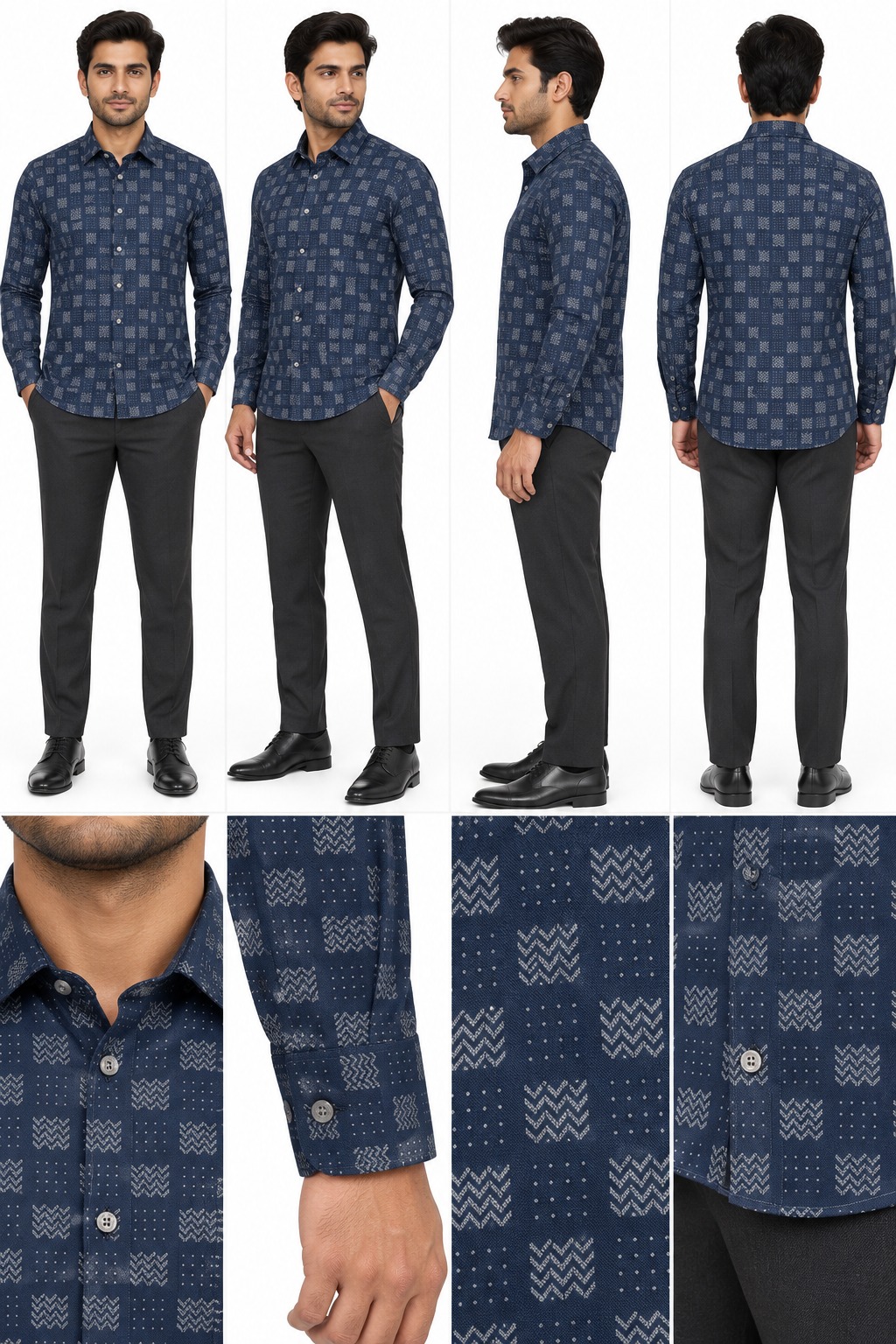 RIVAZ Navy blue Geometric Print Men’s Shirt – 55597 – design and garment details