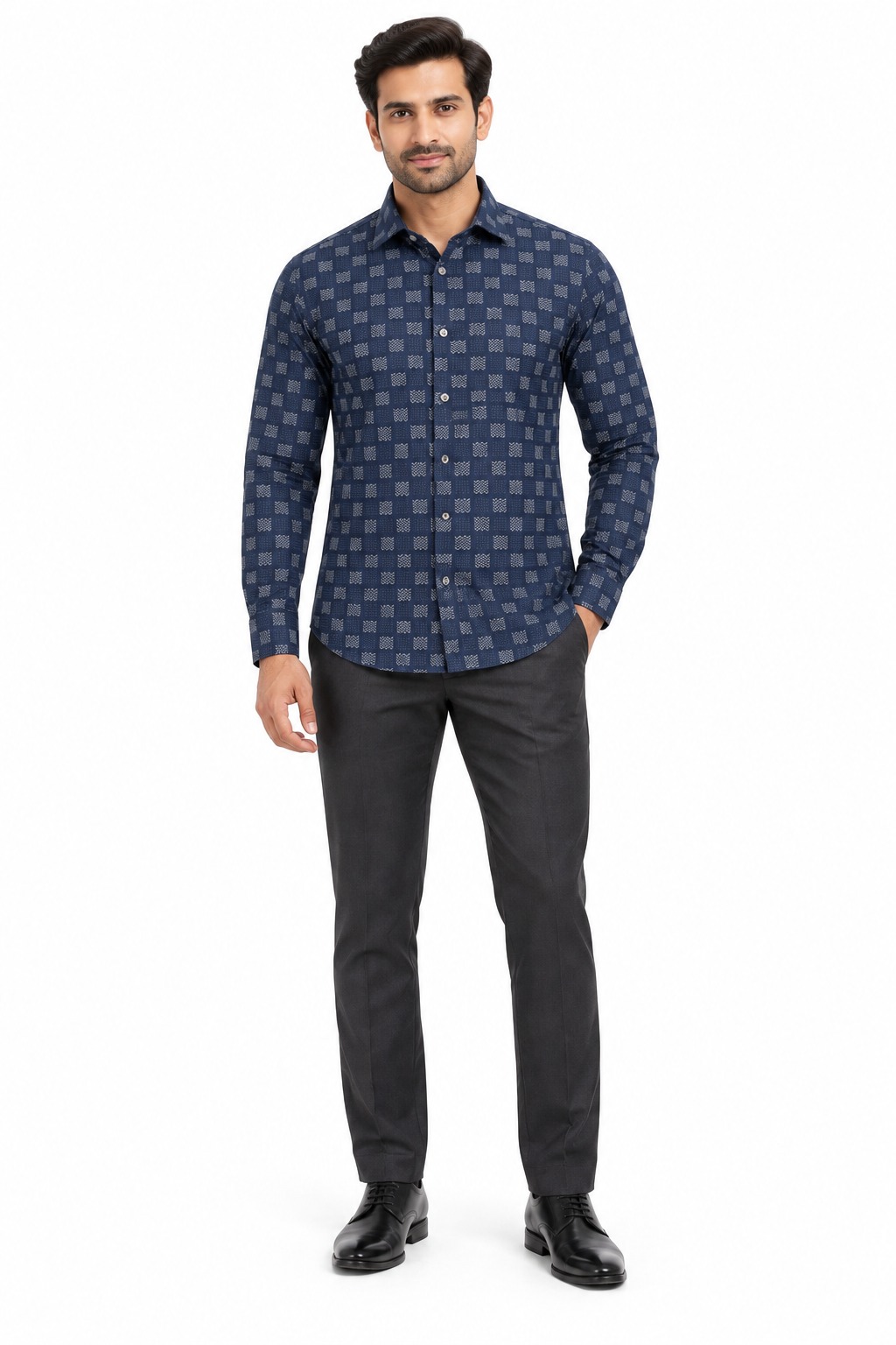 RIVAZ Navy blue Geometric Print Men’s Shirt – 55597 – front view