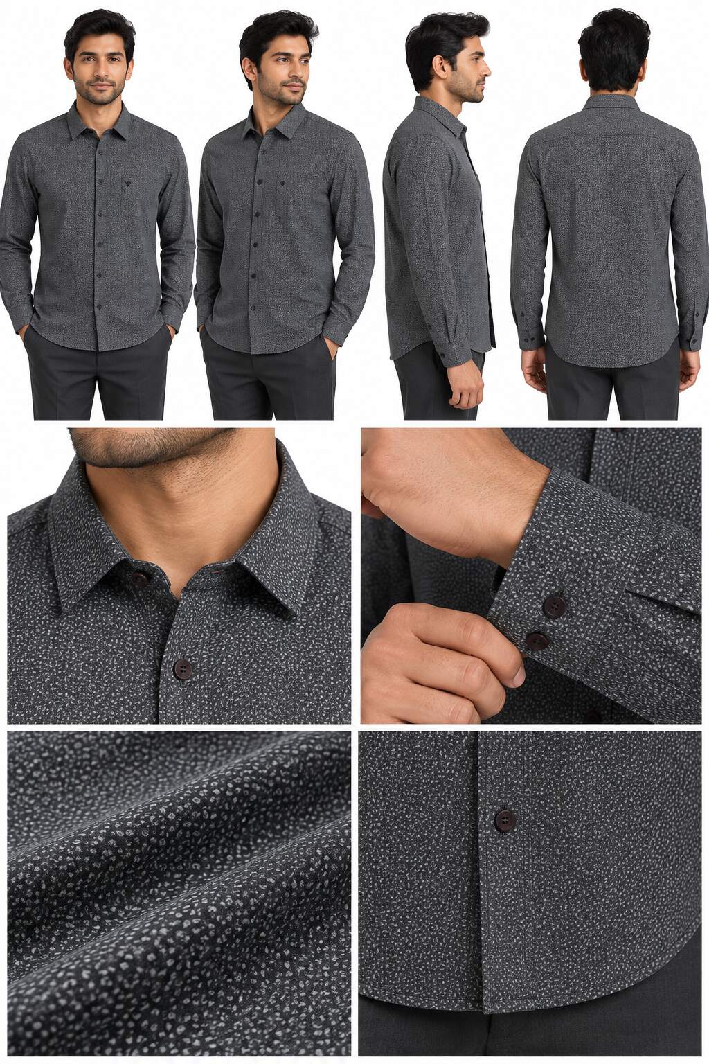 RIVAZ Charcoal grey Subtle Print Men’s Shirt – 56636 – design and garment details