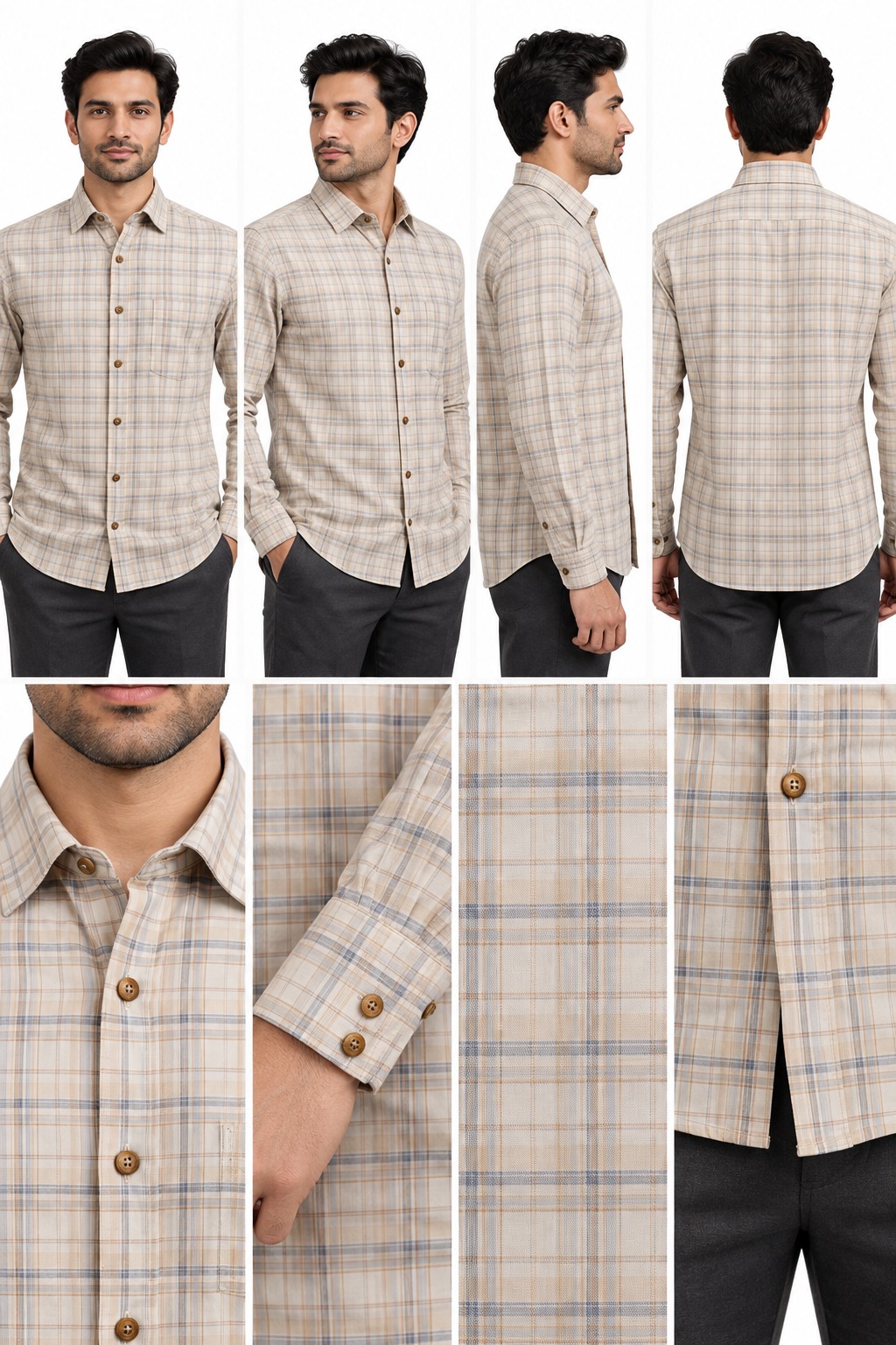 RIVAZ Beige Check Men’s Shirt – 58237 – design and garment details