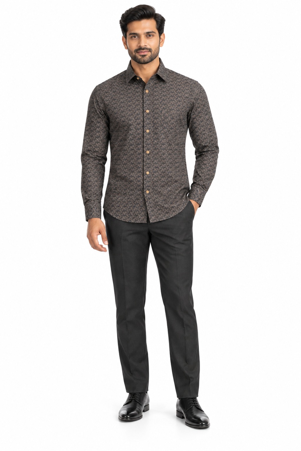 RIVAZ Dark brown Small Print Men’s Shirt – 58265 – front view