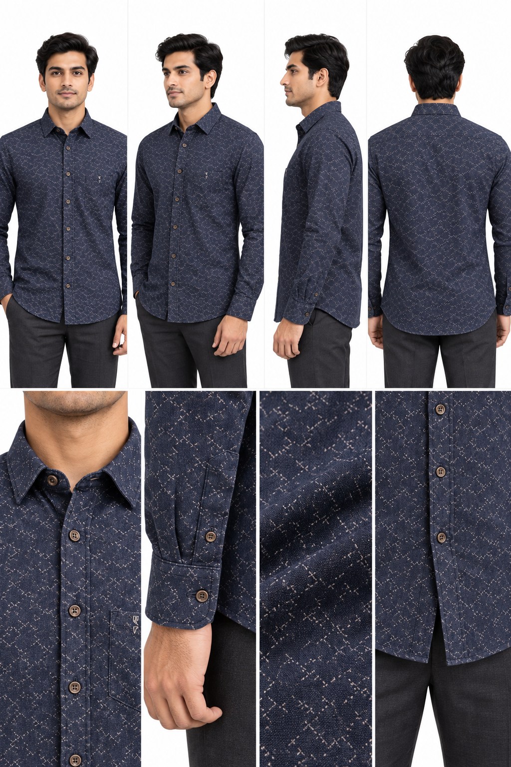 RIVAZ Navy blue Small Print Men’s Shirt – 58305 – design and garment details