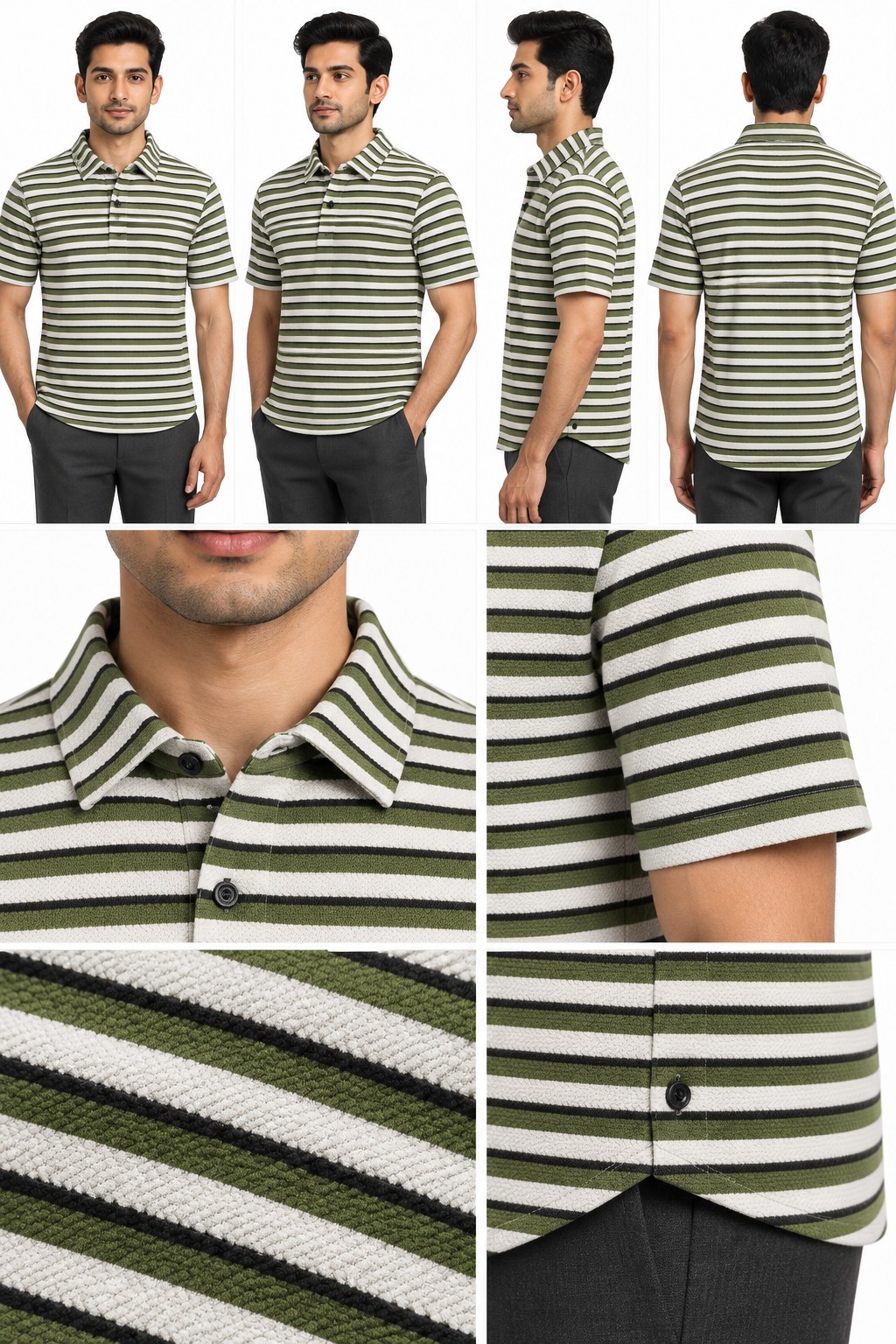 RIVAZ Olive and white Horizontal Stripe Men’s Polo Shirt – 60046 – design and garment details