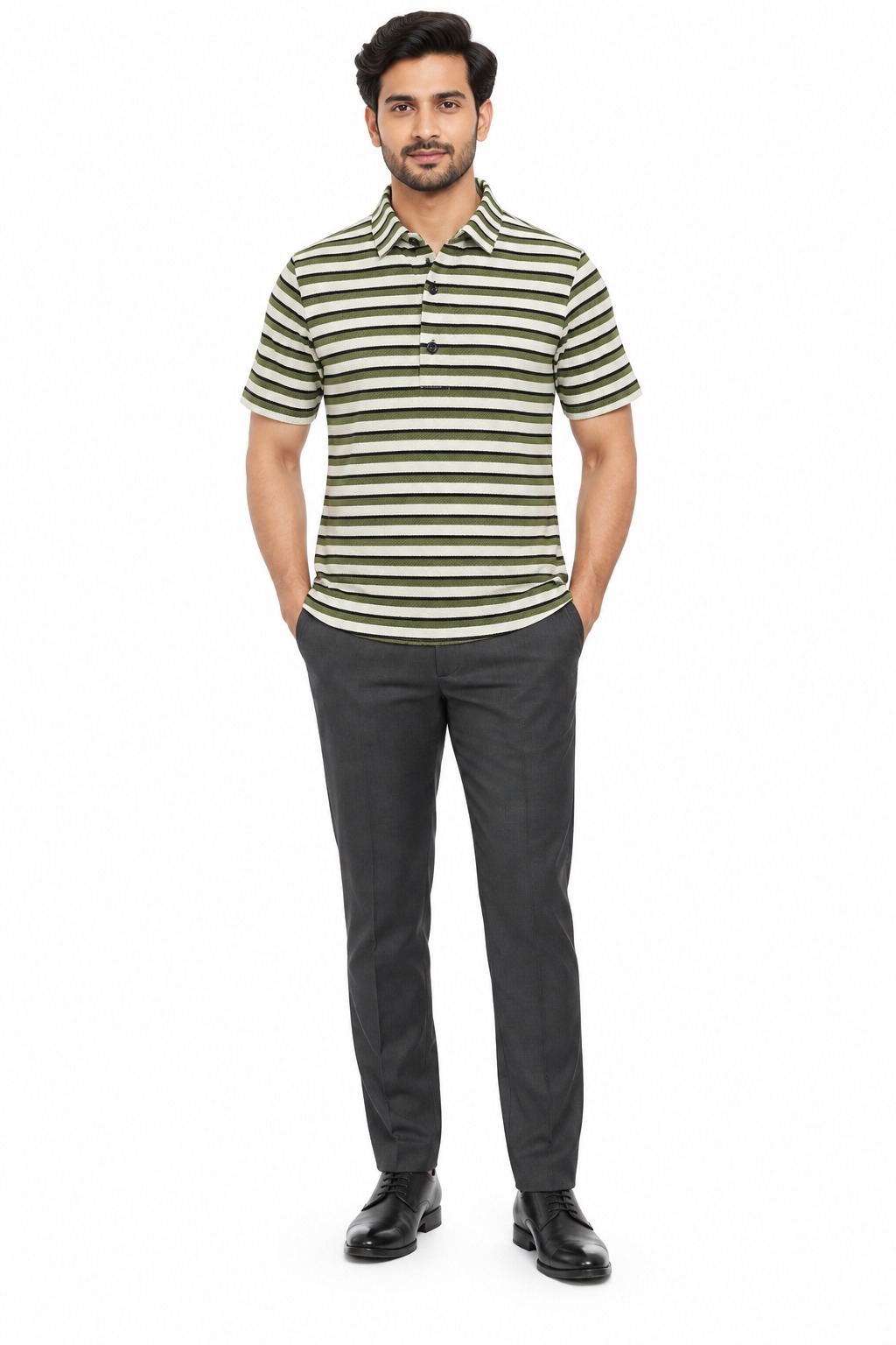 RIVAZ Olive and white Horizontal Stripe Men’s Polo Shirt – 60046 – front view