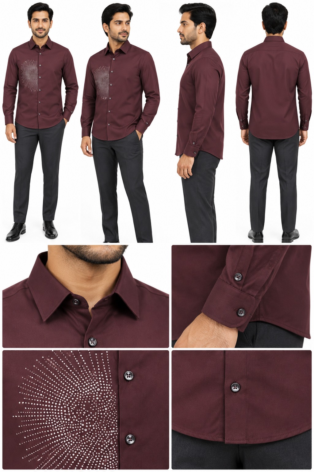 RIVAZ Burgundy Subtle Print Men’s Shirt – 533201 – design and garment details