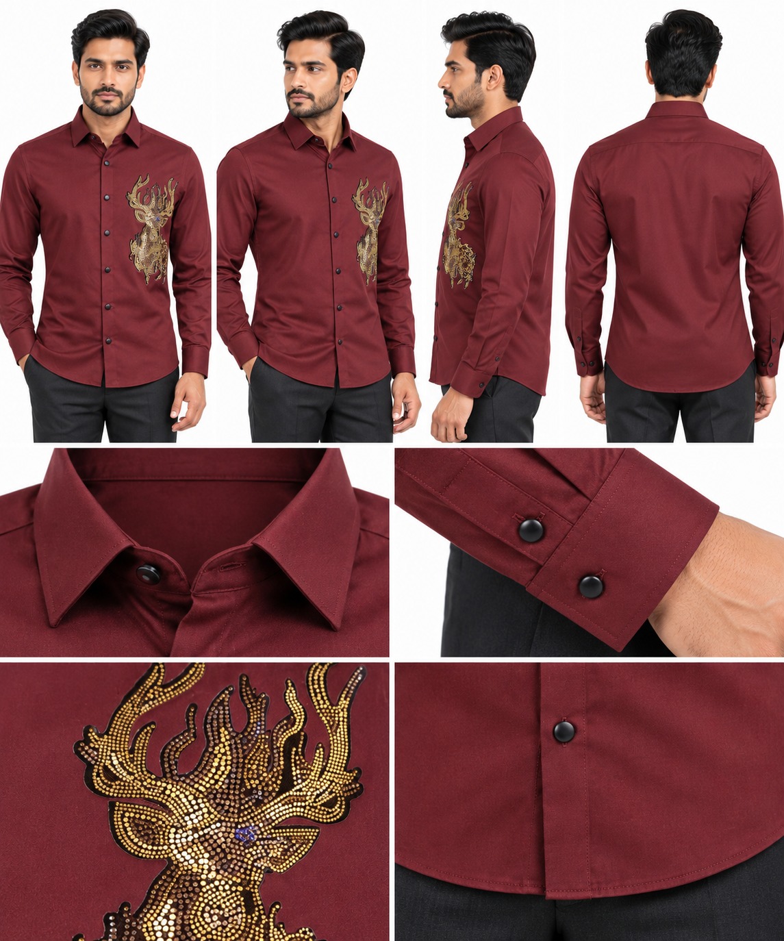 RIVAZ Maroon Ornamental Print Men’s Shirt – D-20150 – design and garment details