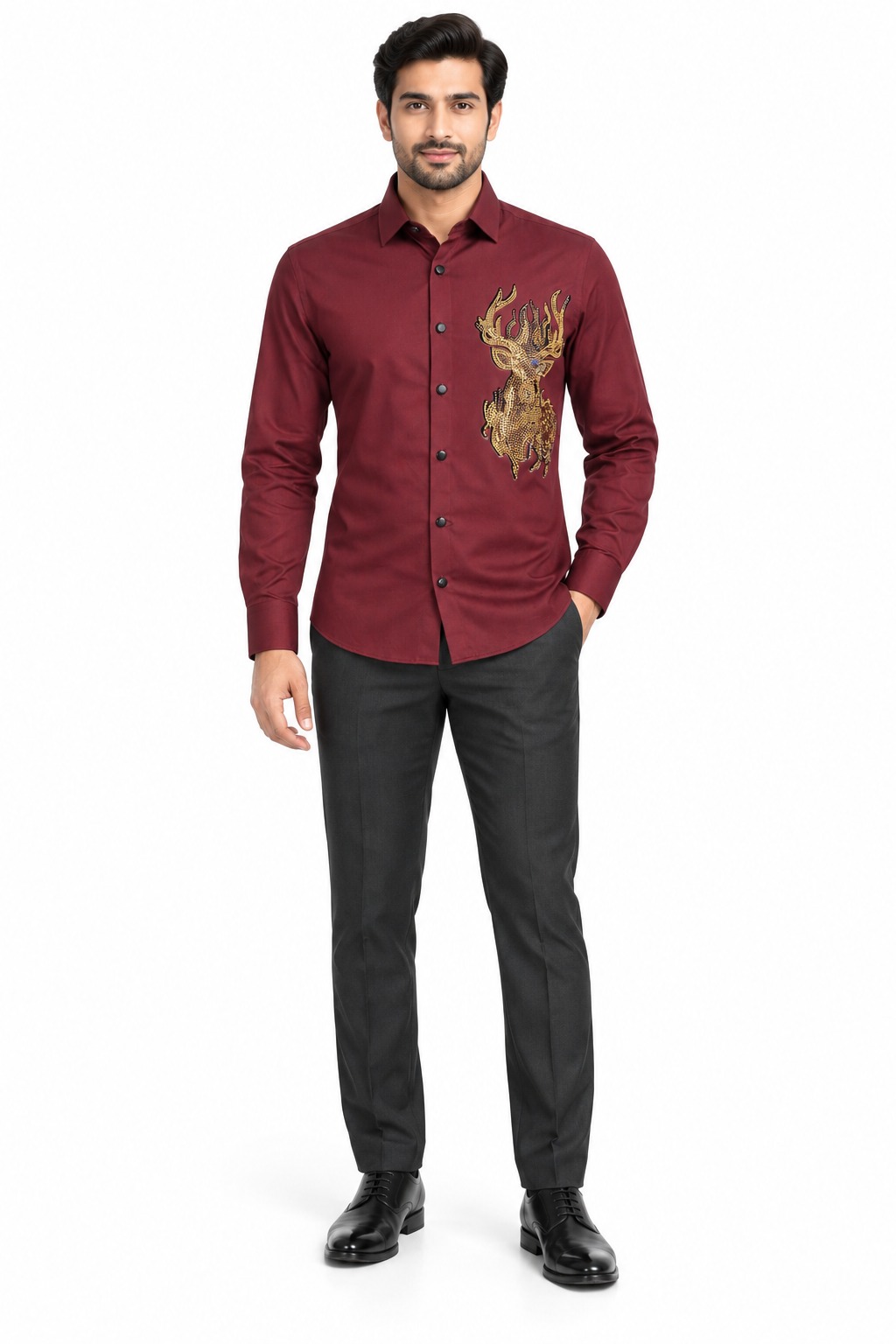 RIVAZ Maroon Ornamental Print Men’s Shirt – D-20150 – front view