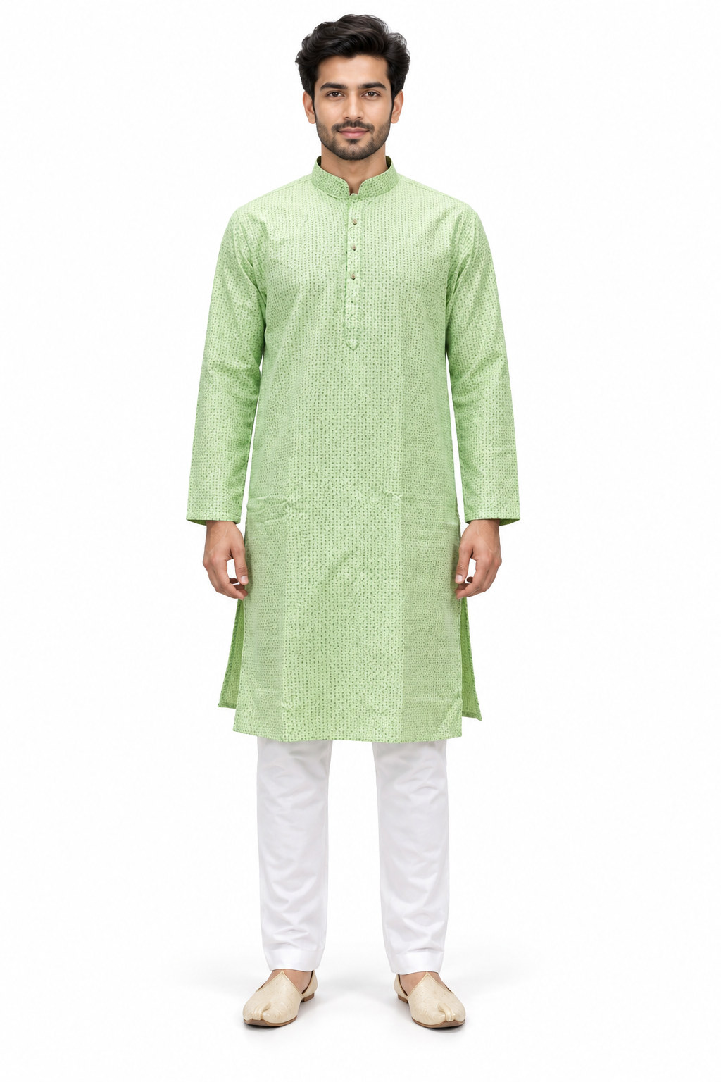 RIVAZ pale green men’s kurta pyjama set, full-length front view, code NO-CODE-1