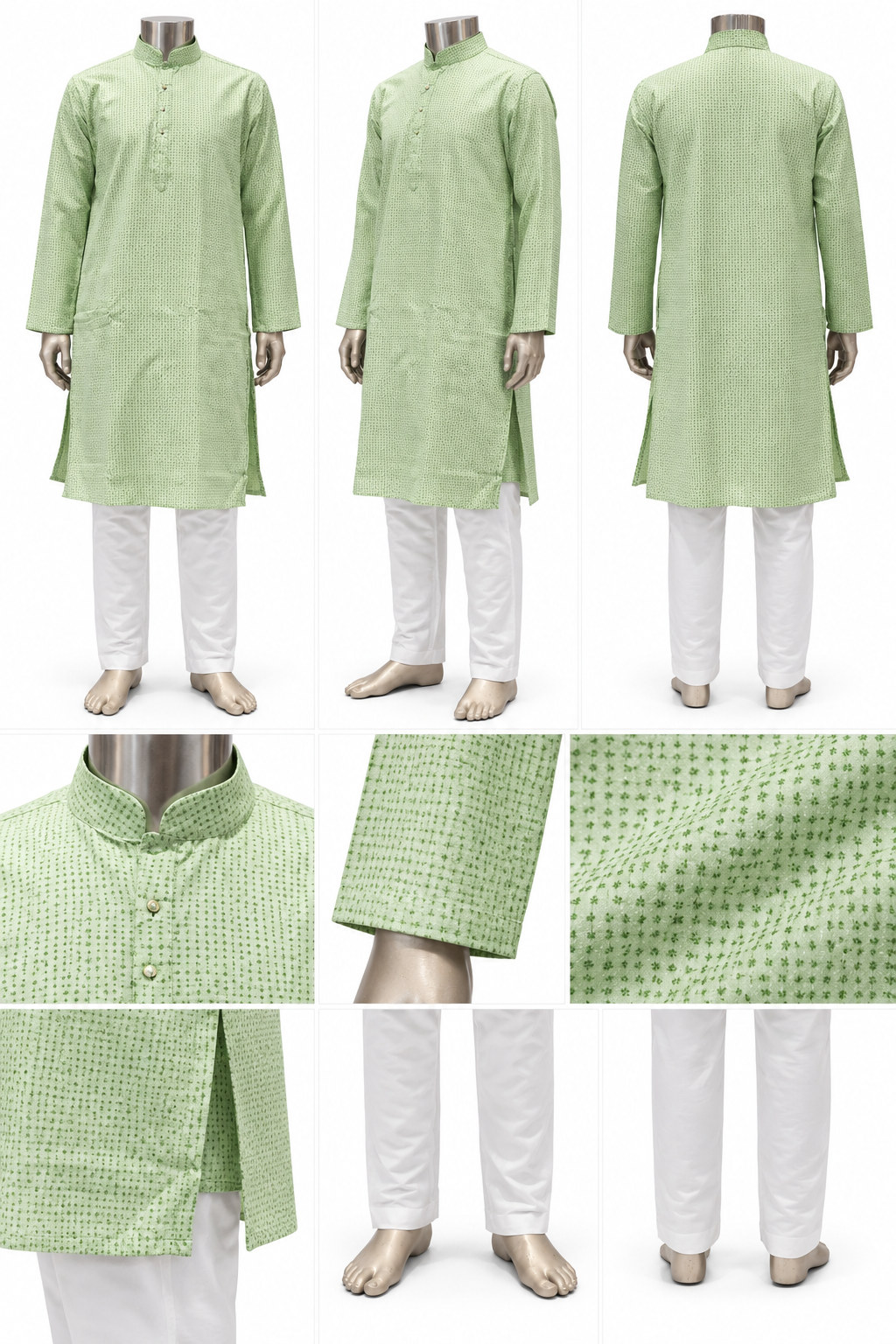 RIVAZ pale green kurta pyjama, multiple views showing clean, solid-colour look, code NO-CODE-1