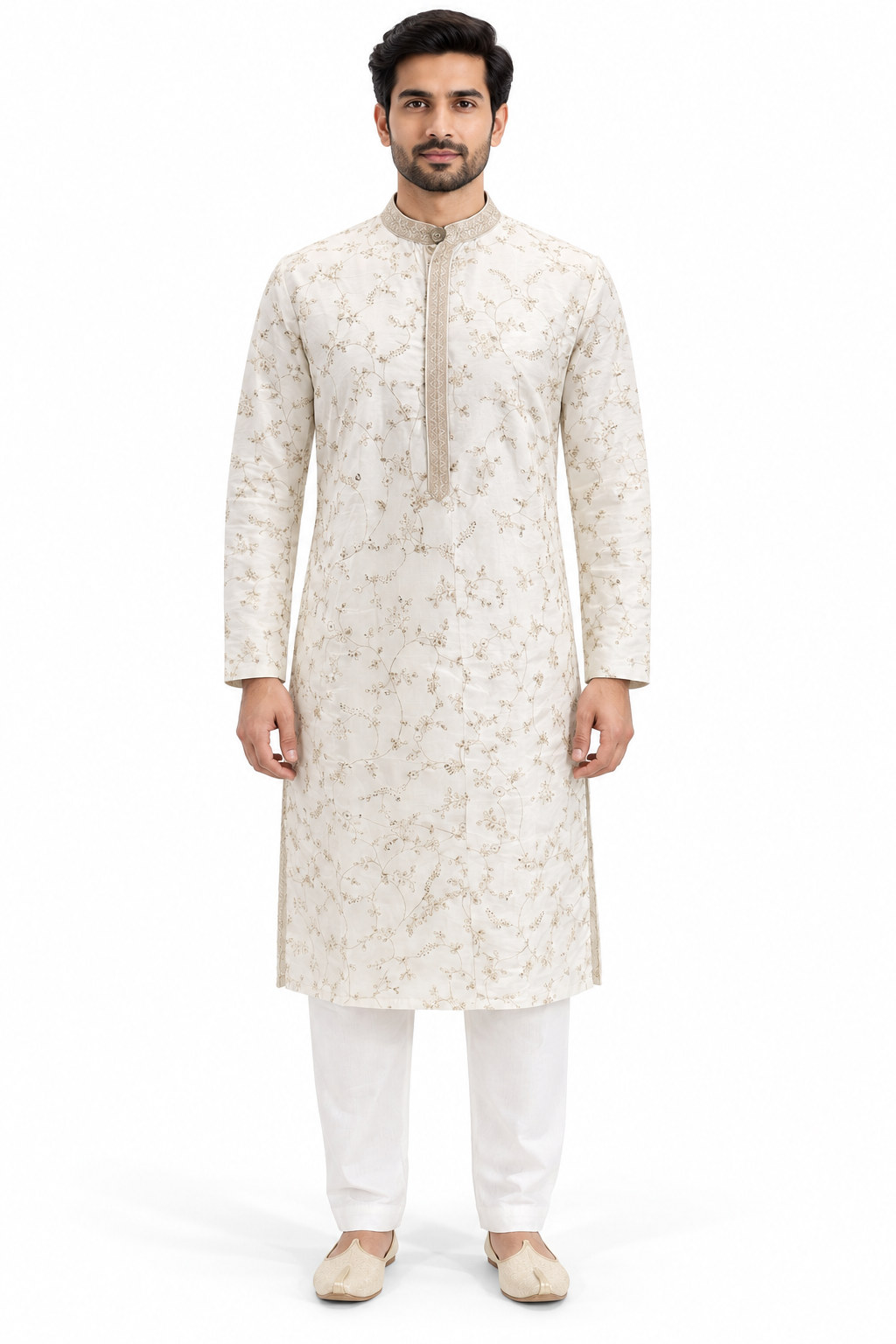 RIVAZ cream men’s kurta pyjama set, full-length front view, code NO-CODE-2