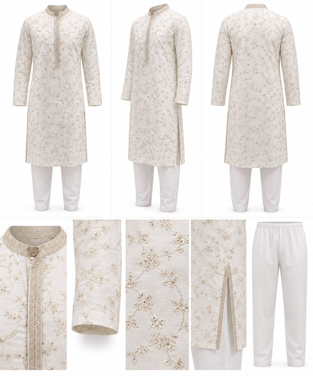 RIVAZ cream kurta pyjama, multiple views showing subtle patterned look, code NO-CODE-2