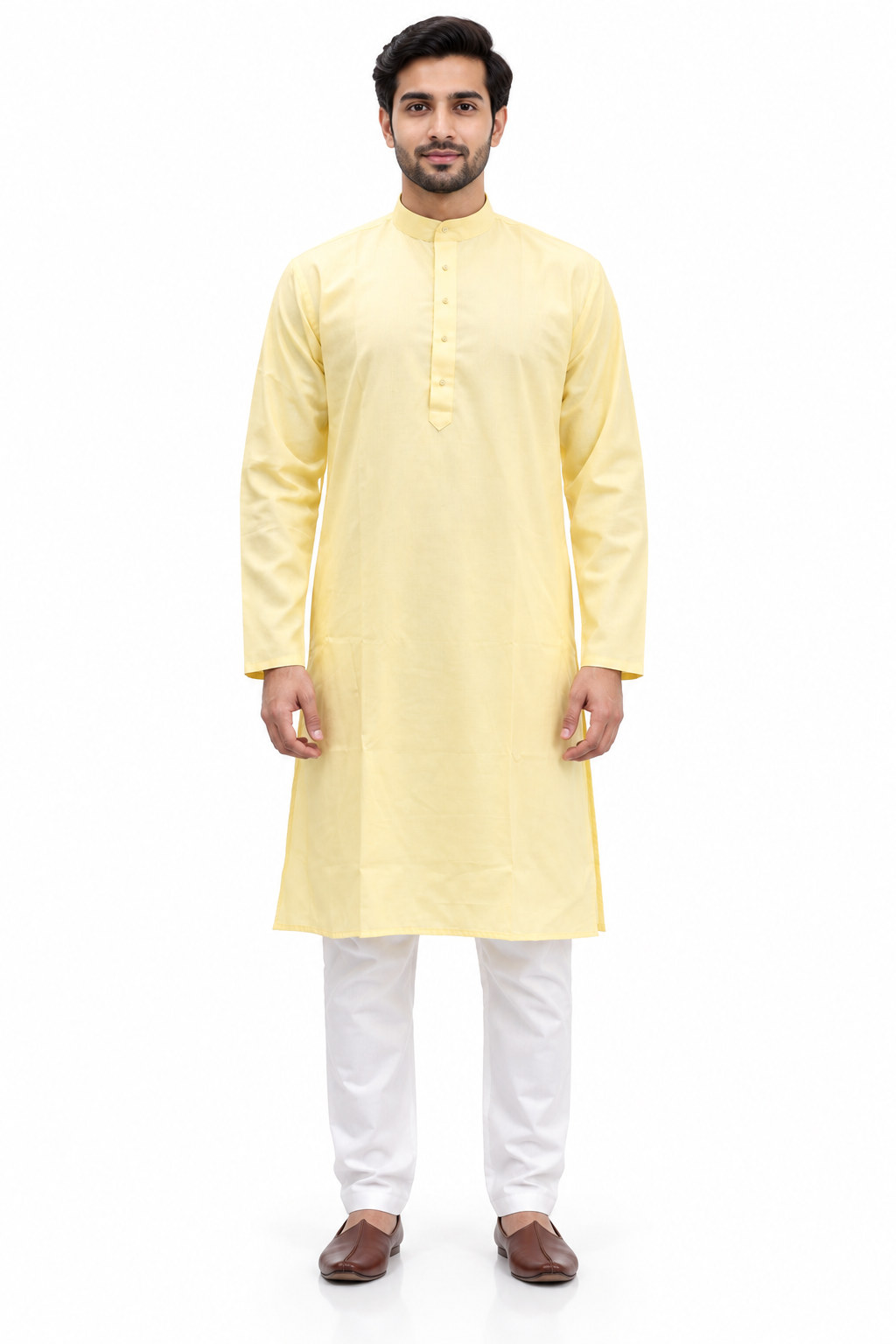 RIVAZ pale yellow men’s kurta pyjama set, full-length front view, code NO-CODE
