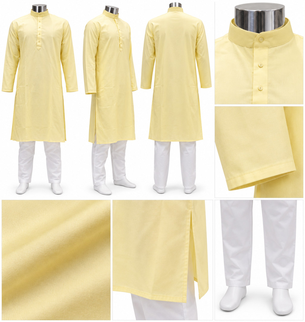 RIVAZ pale yellow kurta pyjama, multiple views showing clean, solid-colour look, code NO-CODE