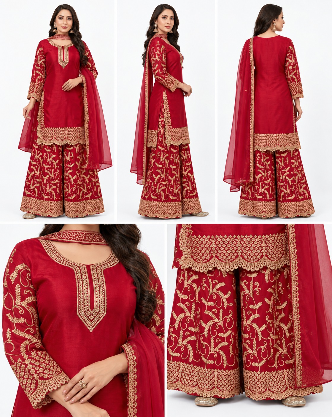 red sharara set, RIVAZ style 60942-1, multi-angle garment detail views