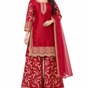 red sharara set, RIVAZ style 60942-1, full-length front view