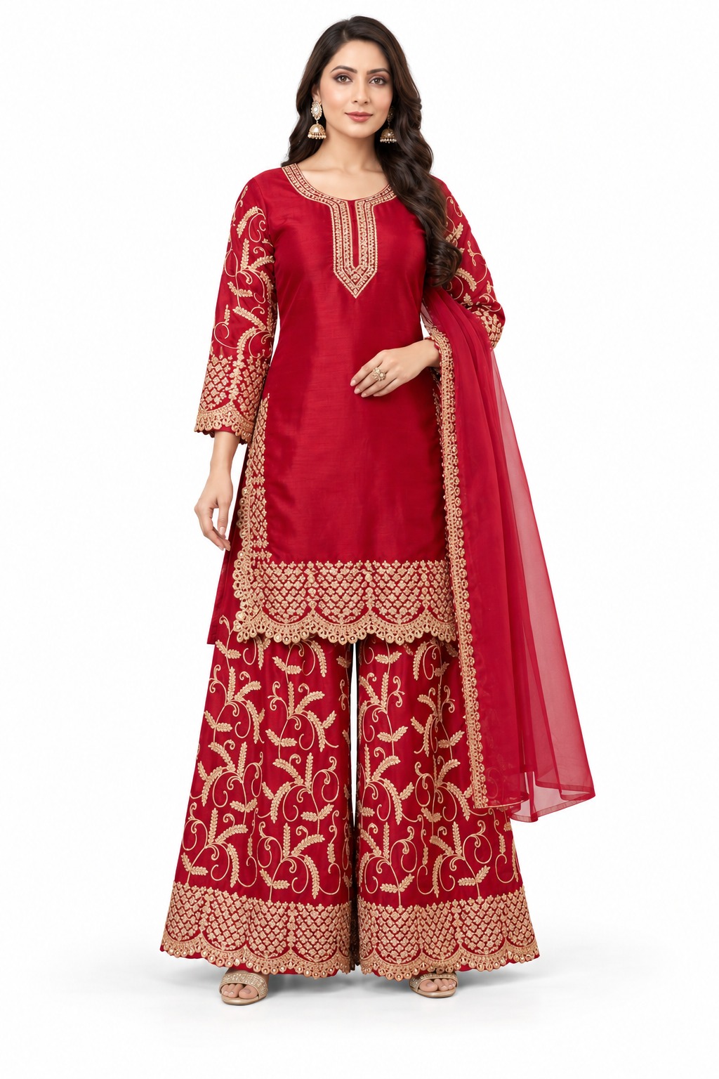 red sharara set, RIVAZ style 60942-1, full-length front view