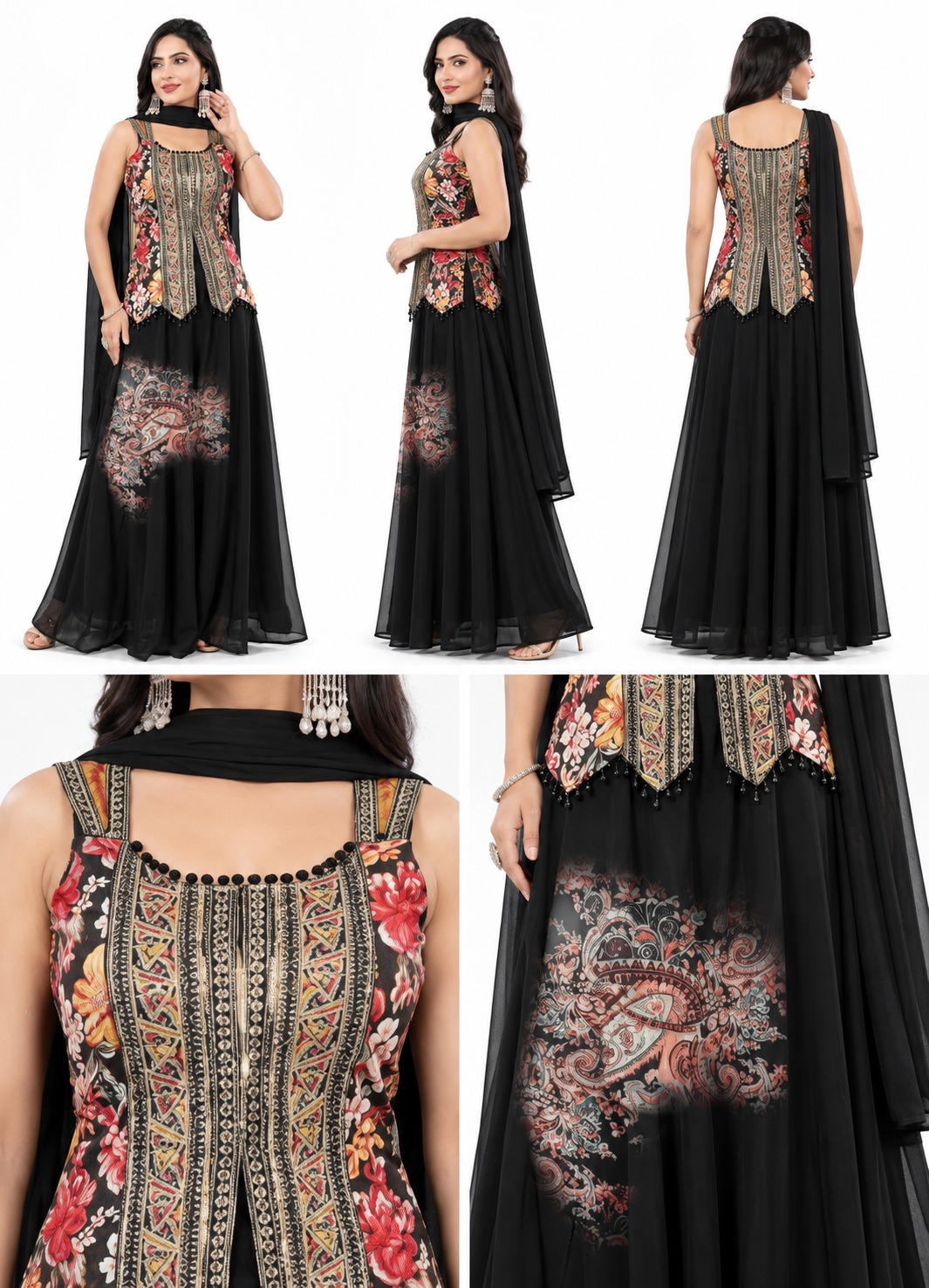 black festive set, RIVAZ style 60945, multi-angle garment detail views