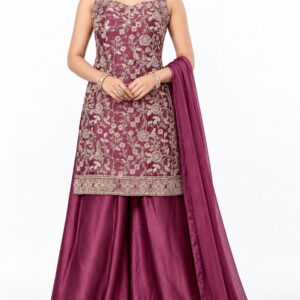 RIVAZ plum palazzo set 60946, full front view with ornate sleeveless kurta, wide-leg palazzos and matching drape