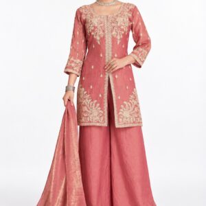 RIVAZ dusty rose palazzo set 60947, full front view with gold-toned motifs, long sleeves and matching drape