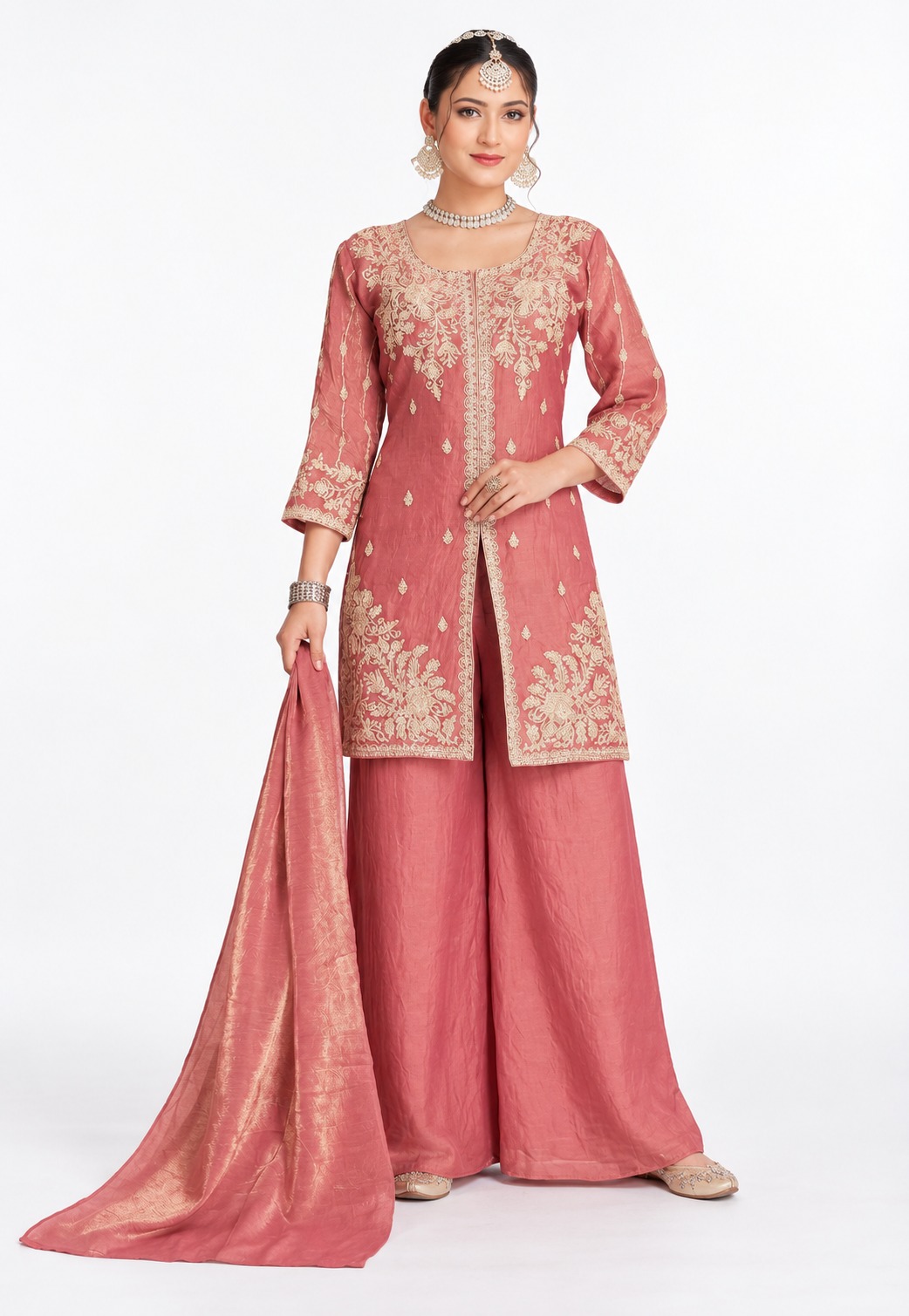 RIVAZ dusty rose palazzo set 60947, full front view with gold-toned motifs, long sleeves and matching drape