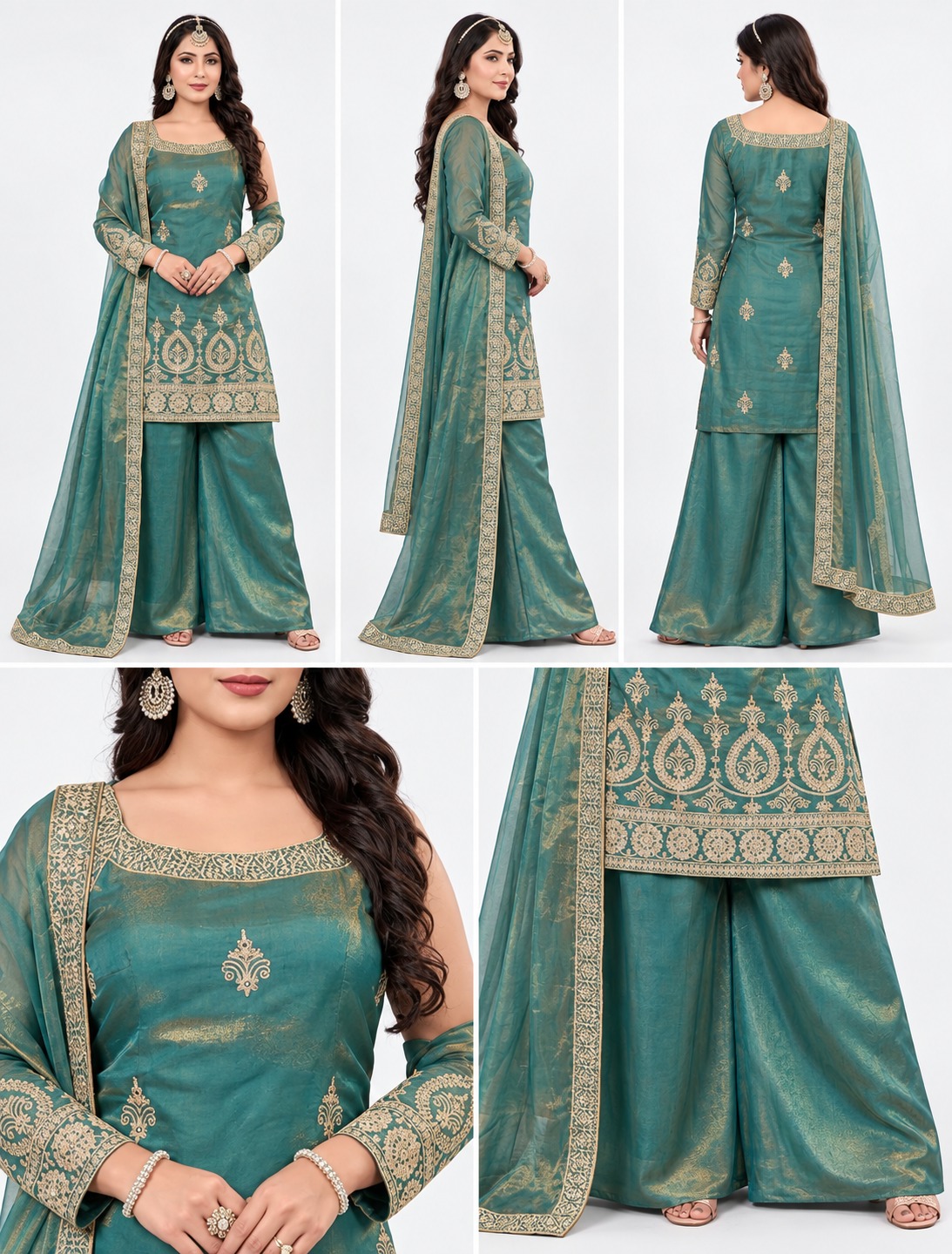 RIVAZ teal palazzo set 60949, product detail view showing decorative accents and outfit pieces