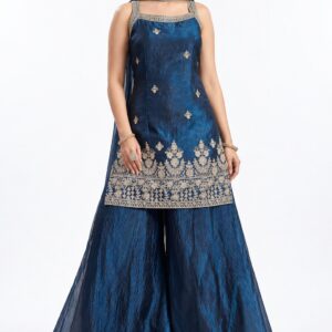 RIVAZ deep blue palazzo set 60950, full front view with border-pattern sleeveless kurta and layered wide-leg bottoms