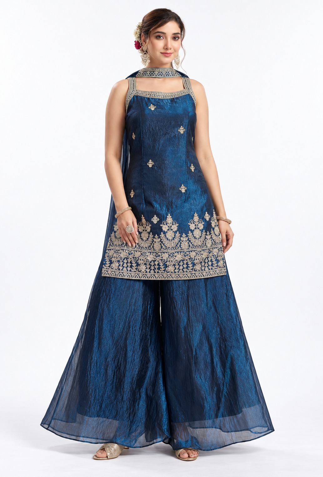 RIVAZ deep blue palazzo set 60950, full front view with border-pattern sleeveless kurta and layered wide-leg bottoms